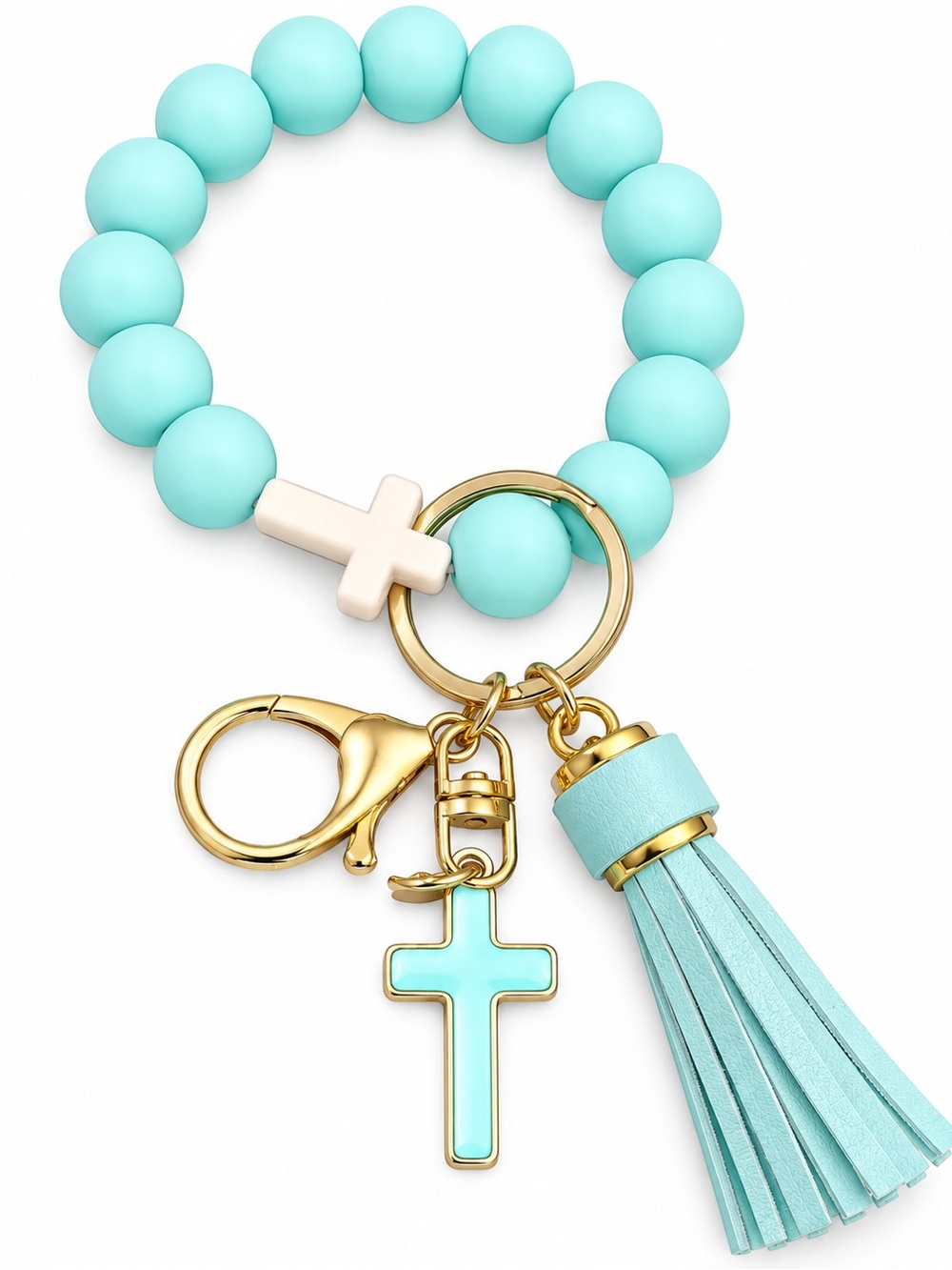 Turquoise Beaded Cross Tassel Key Ring Bracelet